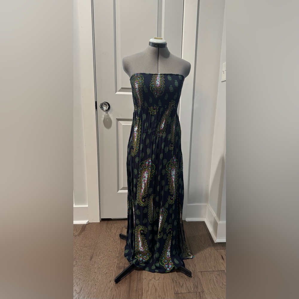 Navy Paisley Strapless Maxi Dress
